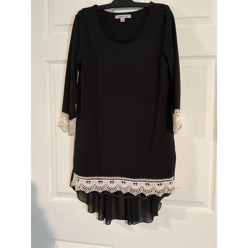 Nico La Womens Black Crochet Lace Trim High Low Tunic Top Chiffon Back Medium